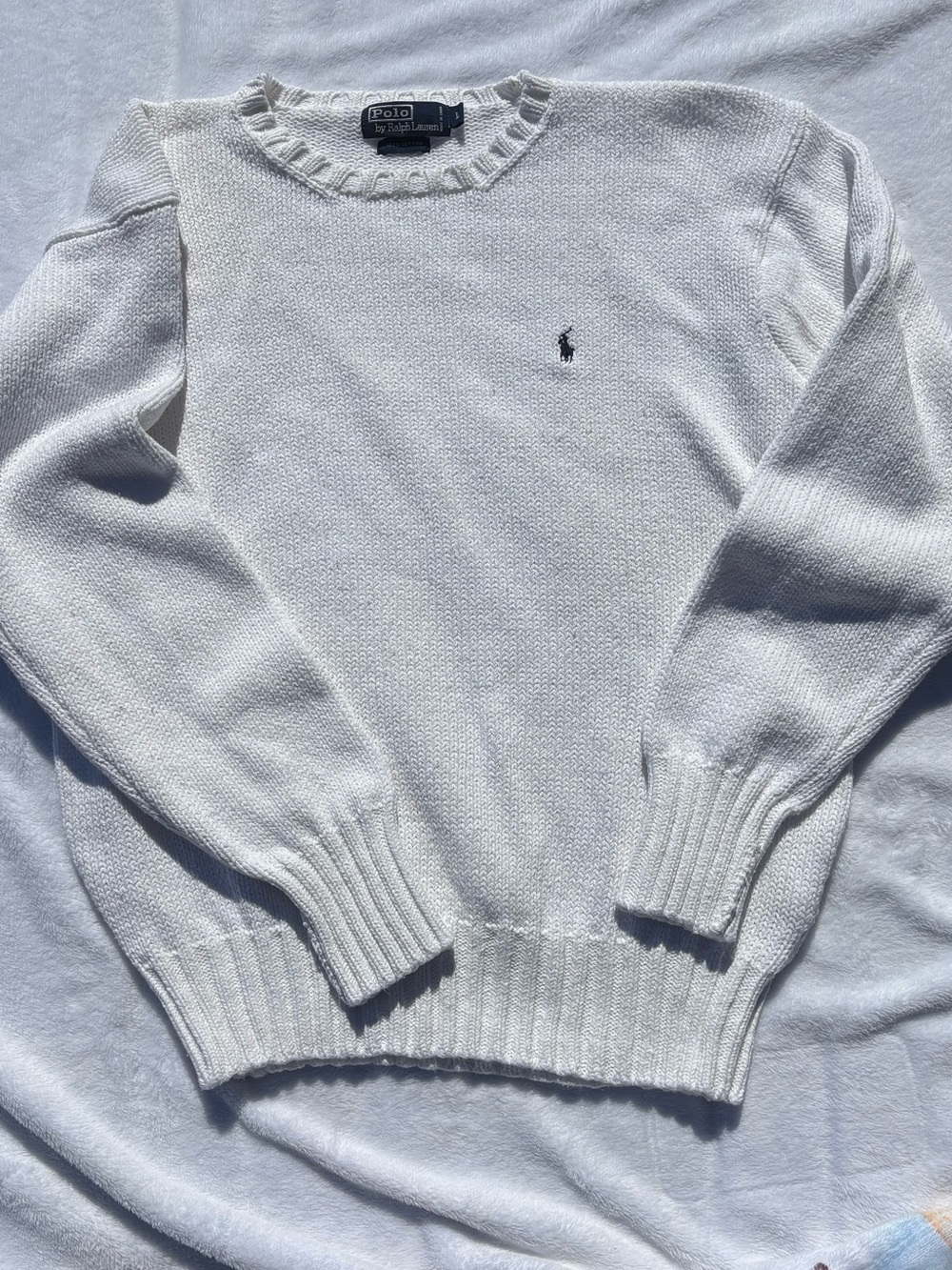 Ralph Lauren 100% Cotton White Crewneck Sweater with Navy logo